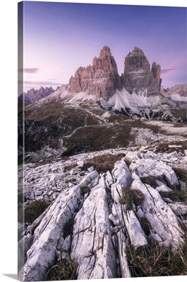 The Iconic Tre Cime Di Lavaredo During A Clear Autumn Sunset, Dolomites, Italy