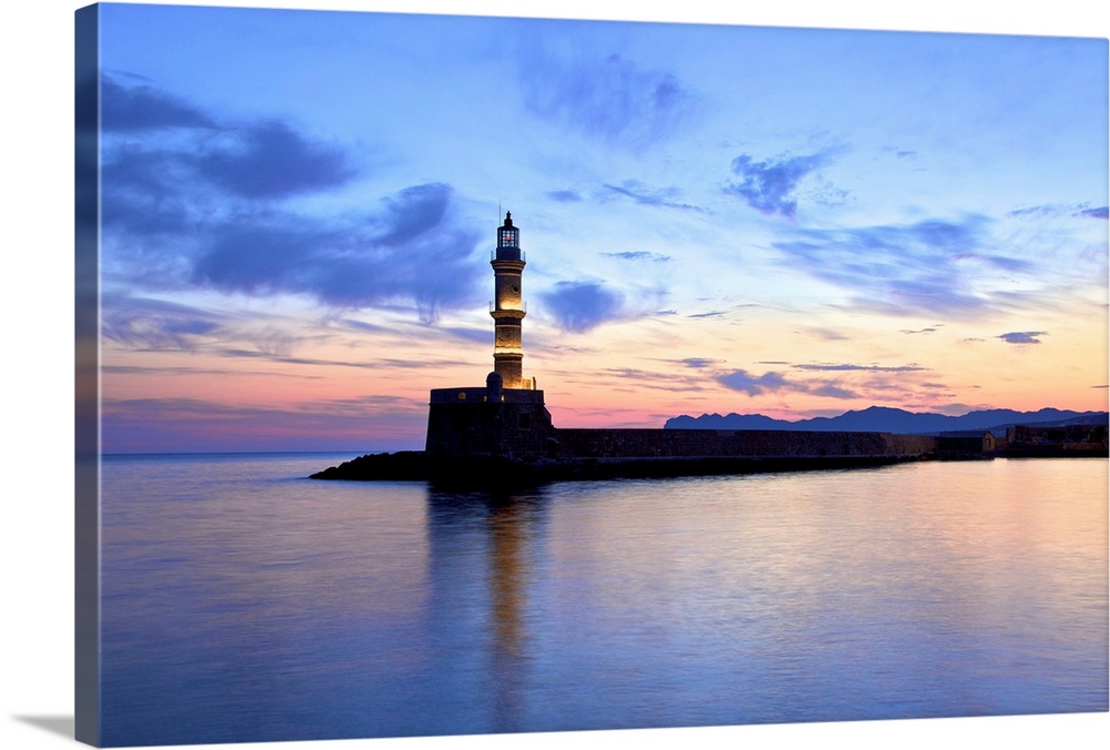 The Light House in The Venetian Harbour at Sunrise, Chania, Crete, Greek Islands, Greece, Europe