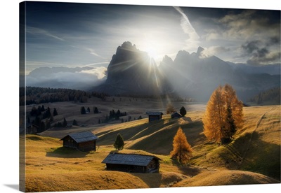 The Lonely Cabins Of The Alpe Di Siusi (Seiser Alm), Autumn Morning, Dolomites, Italy