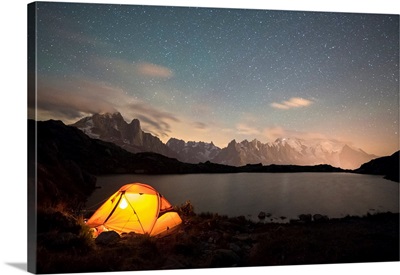 The Night In The Tent In Front Of Mont Blanc From Lac De Chesery, Haute Savoie, France