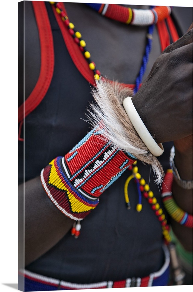 The ornaments of a Pokot warrior including a ring of goat skin which would have been slaughtered for a ceremony. The Pokot...