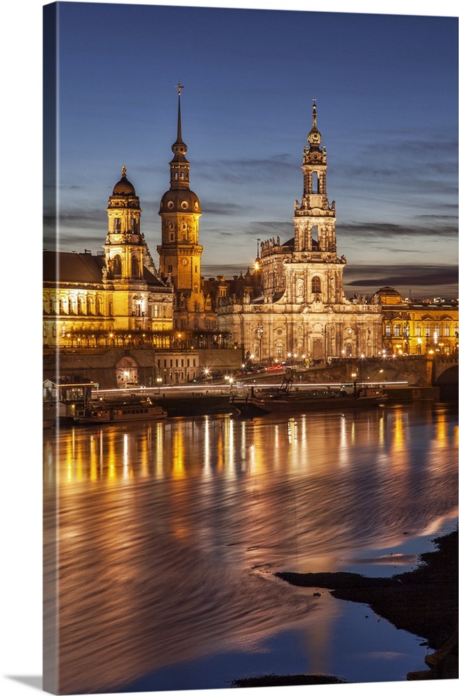 The panorama of Dresden in Saxony with the River Elbe in the foreground.