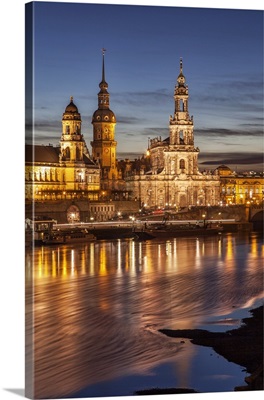 The panorama of Dresden in Saxony with the River Elbe in the foreground