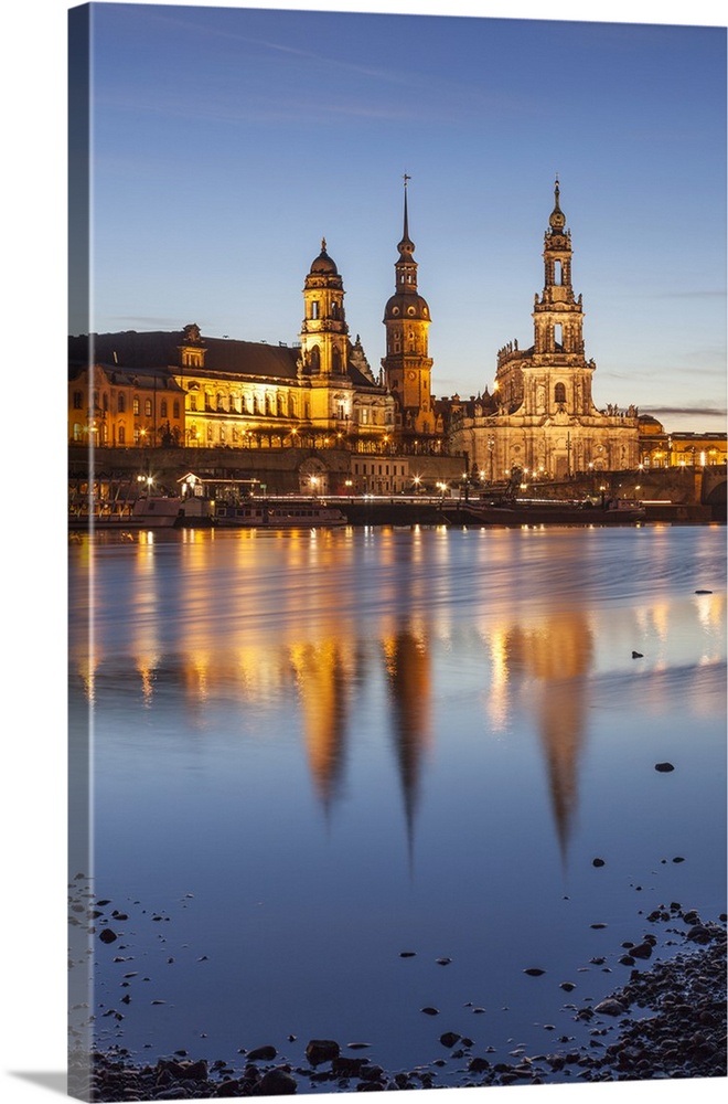 The panorama of Dresden in Saxony with the River Elbe in the foreground.