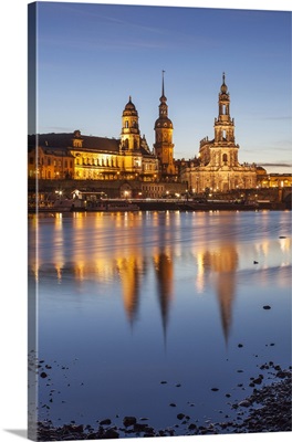 The panorama of Dresden in Saxony with the River Elbe in the foreground