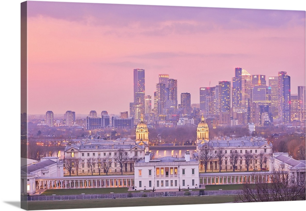 The Queen's House, National Maritime Museum, and the Old Royal Naval College with the Canary Wharf skyline at twilight, Gr...