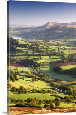 The River Usk and rolling countryside in the Brecon Beacons National Park, Powys, Wales