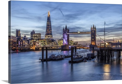 The Tower Bridge in London seen from the east at dusk