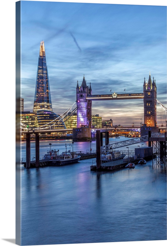 The Tower Bridge in London seen from the east at dusk, London, England.