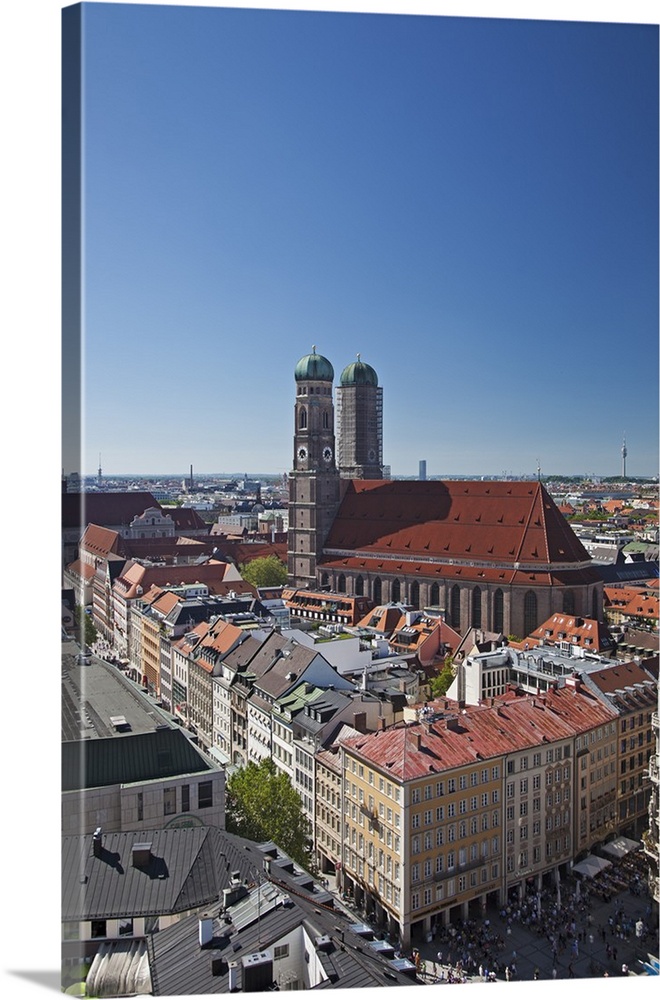 The twin towers of the Munich Frauenkirche and the Marianplatz viewed from the steeple of St. Peter's Church, Munich Bayer...