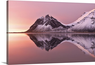 The Vestrahorn Reflected In The Bay And Winter Sunrise, Austurland, Southern Iceland