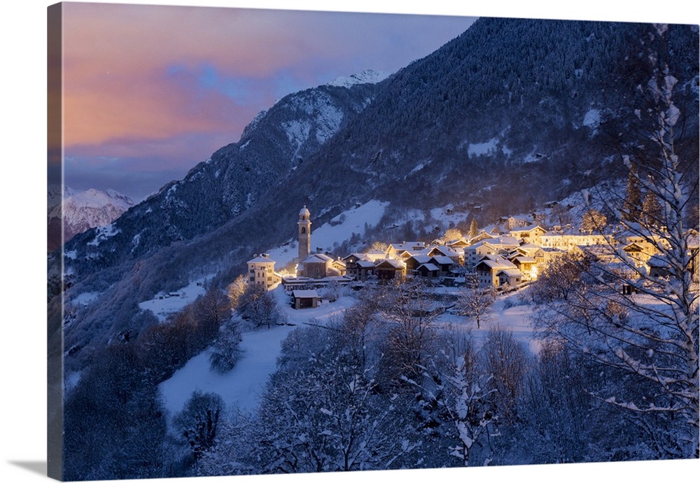 The village of Soglio by night after a heavy snowfall, val Bregaglia, Grisons, Switzerland.