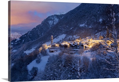 The village of Soglio by night after a heavy snowfall, Switzerland