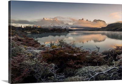 Torres Del Paine Mountain Range At Sunrise With Fog, Patagonia, Chile