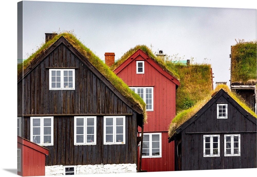 Torshavn, Faroe Islands, Europe. Typical houses with grass over the roof.