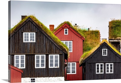 Torshavn, Faroe Islands, Europe, Typical Houses With Grass Over The Roof
