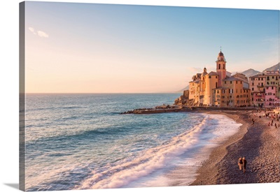 Tourists Walking The Beach Of Camogli At Sunset, Portofino National Park, Liguria, Italy