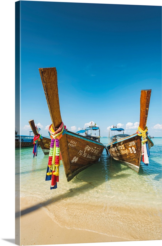 Ao Lo Bakao (Lo Bakao Bay), Ko Phi Phi Don, Krabi Province, Thailand. Traditional Longtail Boats On The Beach.