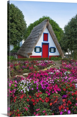 Traditional Thatch House With Flowers, Santana, Madeira, Portugal