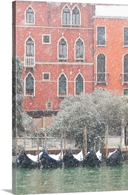 Traditional Venetian Gondolas Moored At Riva Del Vin During A Snowfall, Venice, Italy