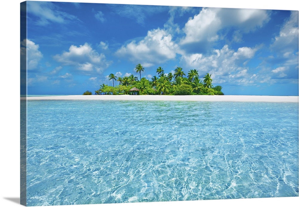 Tropical lagoon with palm island. Maldives, South Male Atoll, Mahaanaelhihuraa. Rihiveli. South Male Atoll, Asia, Maldives.