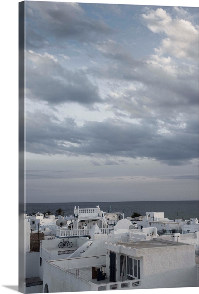 Tunisia, Cap Bon, Hammamet, Medina buildings, elevated view, dusk