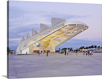 Twilight view of the Museum of Tomorrow by Santiago Calatrava, Rio de Janeiro, Brazil
