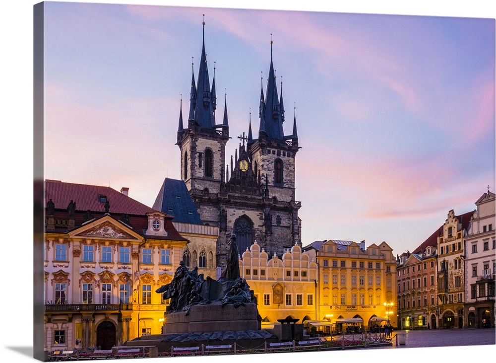 Czech Republic, Prague, Stare Mesto (Old Town). Tyn Cathedral on Staromestske namesti, Old Town Square at dawn.