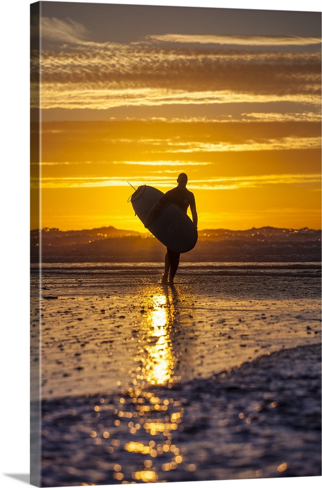 UK, Cornwall, Polzeath. A woman comes in from an evening surf against a stunning sunset.