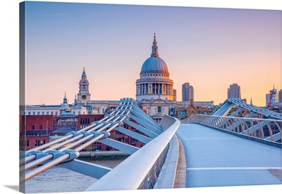 UK, England, London, St. Paul's Cathedral And Millennium Bridge Over River Thames