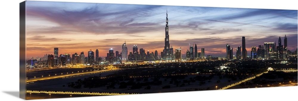 United Arab Emirates, Dubai, elevated view of the new Dubai skyline, the Burj Khalifa, modern architecture and skyscrapper...