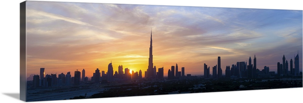 United Arab Emirates, Dubai, elevated view of the new Dubai skyline, the Burj Khalifa, modern architecture and skyscrapper...