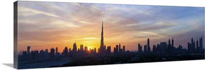 United Arab Emirates, Dubai skyline silhouetted