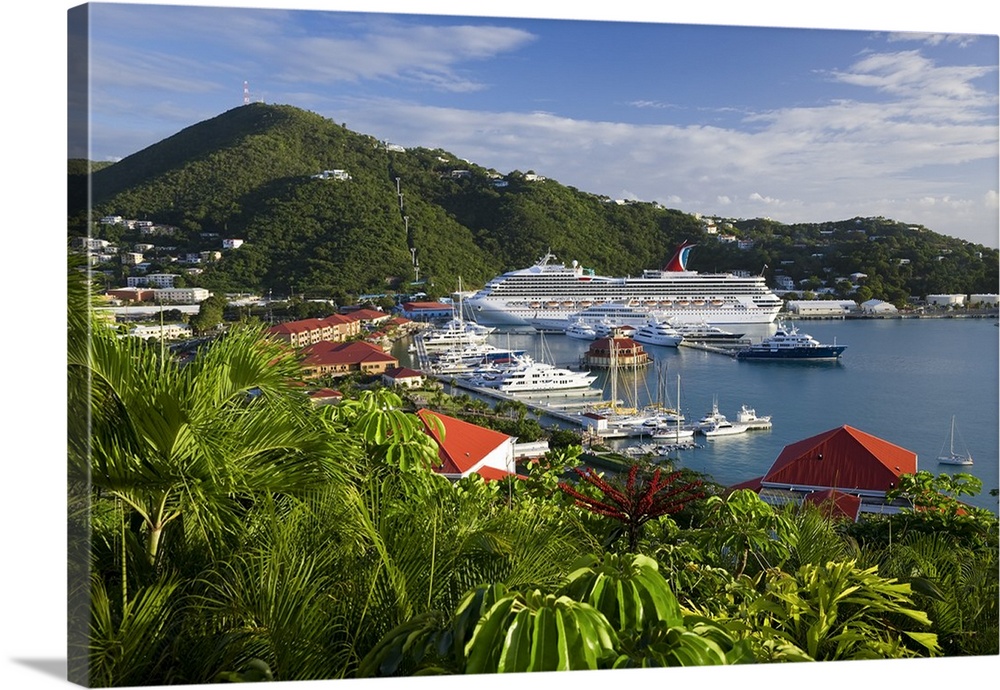 West Indies, Caribbean, Lesser Antilles, Leeward Islands, US Virgin Islands, St. Thomas, elevated view over Charlotte Amal...