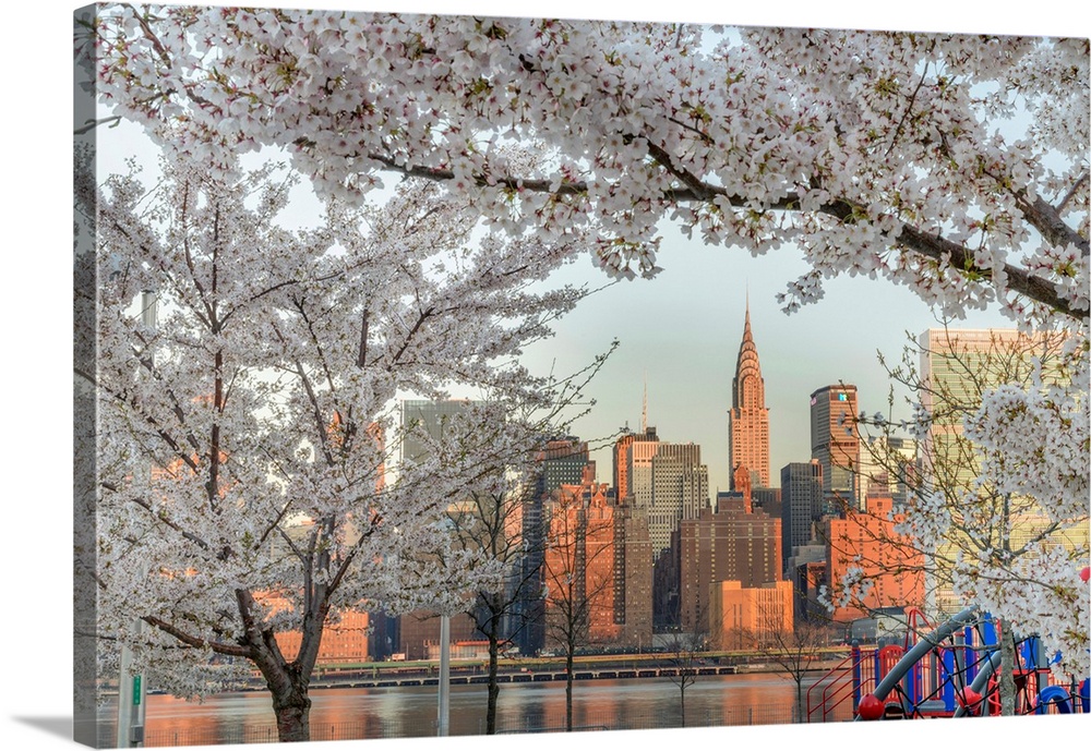 USA, American, New York, Chrysler Building and Midtown Skyline from Long Island City in spring.