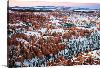 Utah, Bryce Canyon National Park, Bryce Amphitheater from Bryce Point dusk, winter