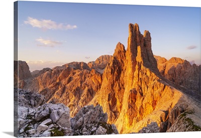 Vajolet Towers At Sunset In Catinaccio Group Of Dolomites, Italy