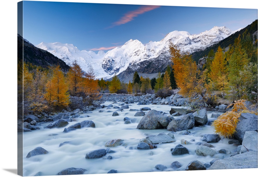 Valley of Morteratsch, Piz Bernina, Piz Morteratsch and river Ova da Morteratsch, Upper Engadin, Canton of Grison, Switzer...
