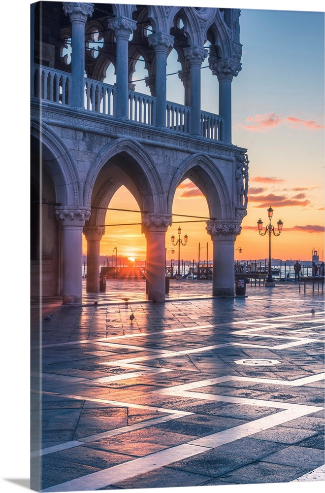Venice, Veneto, Italy. Sunrise Through The Arches Of Doge's Palace In Piazzetta San Marco.
