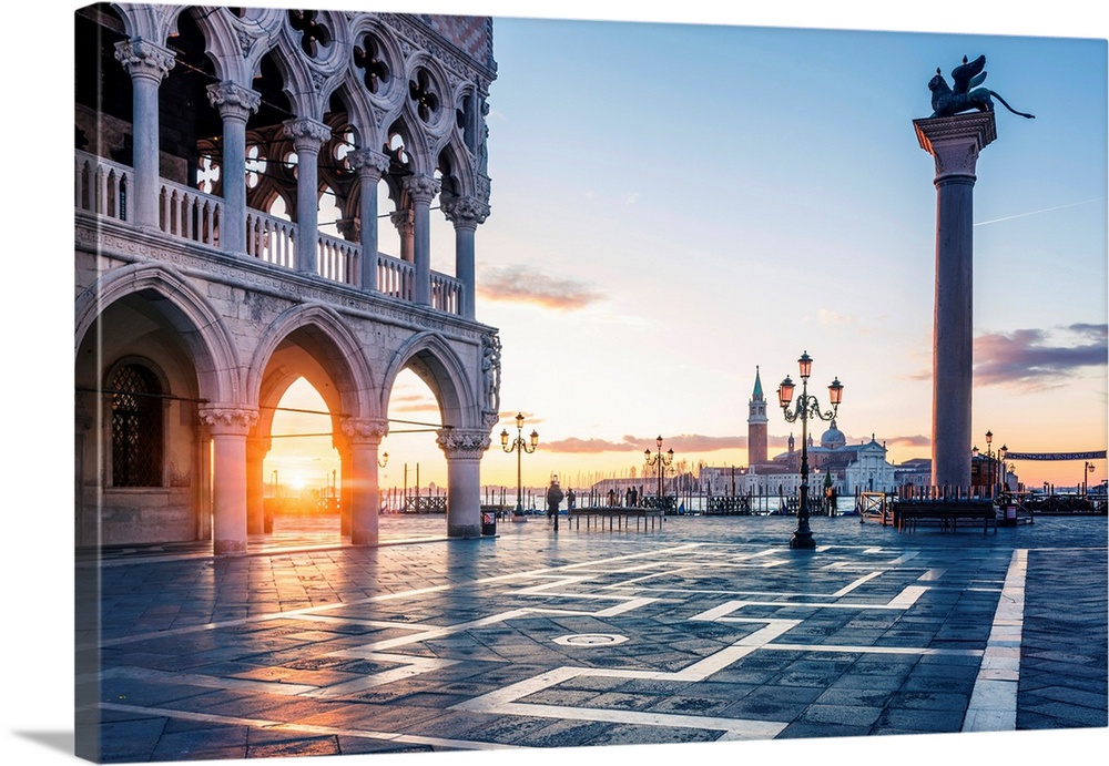 Venice, Veneto, Italy. Sunrise Through The Arches Of Doge's Palace In Piazzetta San Marco.