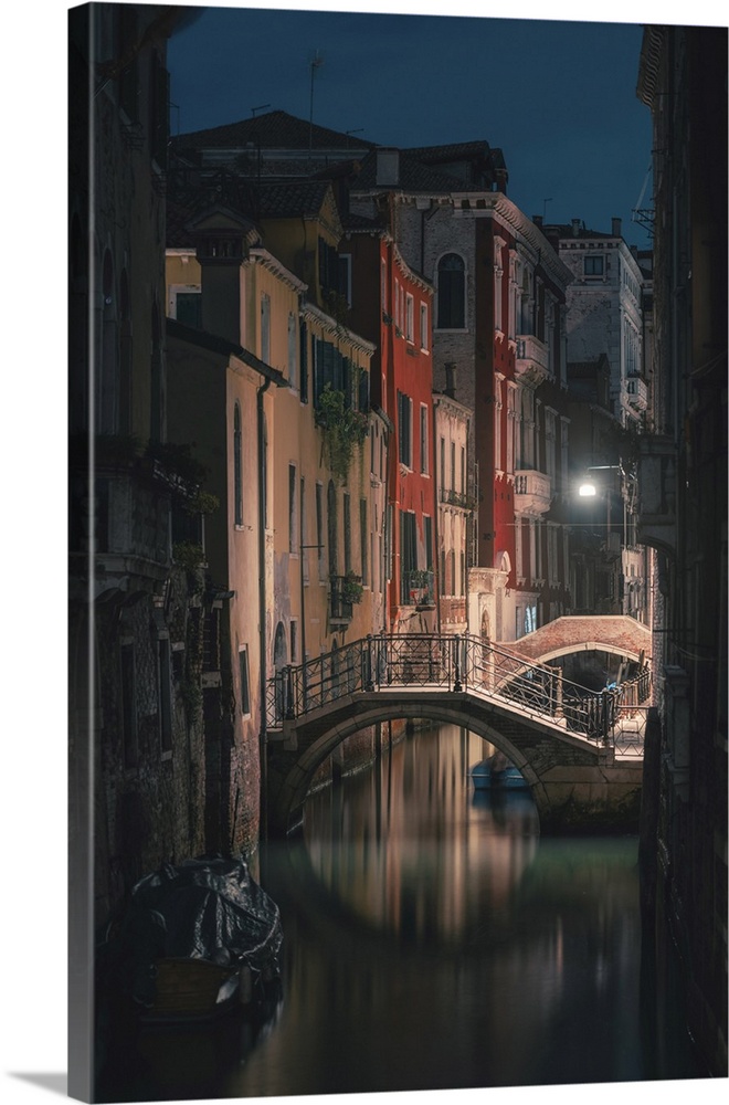 Venice, Veneto, Italy, Backstreet canals in Castello at night.
