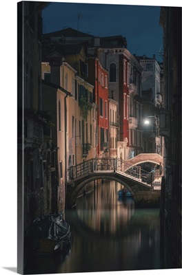 Venice, Veneto, Italy, Backstreet Canals In Castello At Night