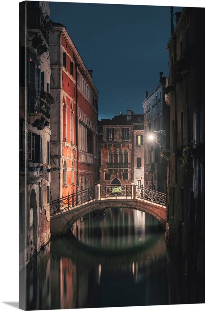 Venice, Veneto, Italy, Backstreet canals in San Marco at night.