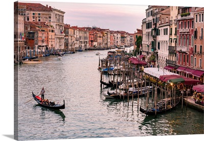 Venice, Veneto, Italy. Buildings and gondola from Rialto Bridge