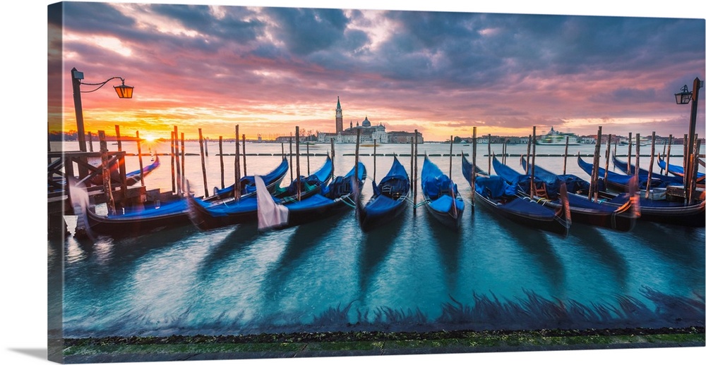Venice, Veneto, Italy. Gondolas Moored On Riva Degli Schiavoni At Sunrise.