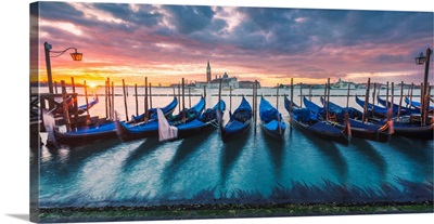 Venice, Veneto, Italy. Gondolas Moored On Riva Degli Schiavoni At Sunrise.