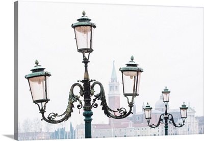 Venice, Veneto, Italy. Typical Street Lamps And San Giorgio Maggiore In A Misty Morning.