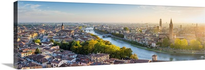 Verona, Italy, old town and the Adige river at sunset