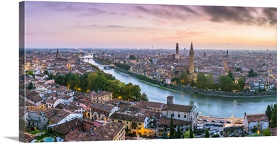 Verona, Italy, the old town and the Adige river at sunset