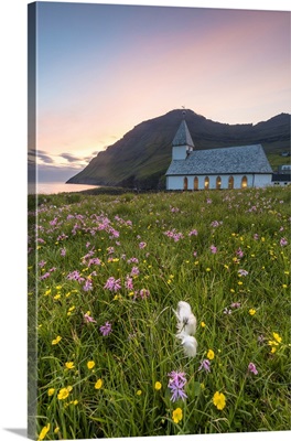 Vidareidi village, Vidoy island, Faroe Islands, Denmark. Village's church at sunset